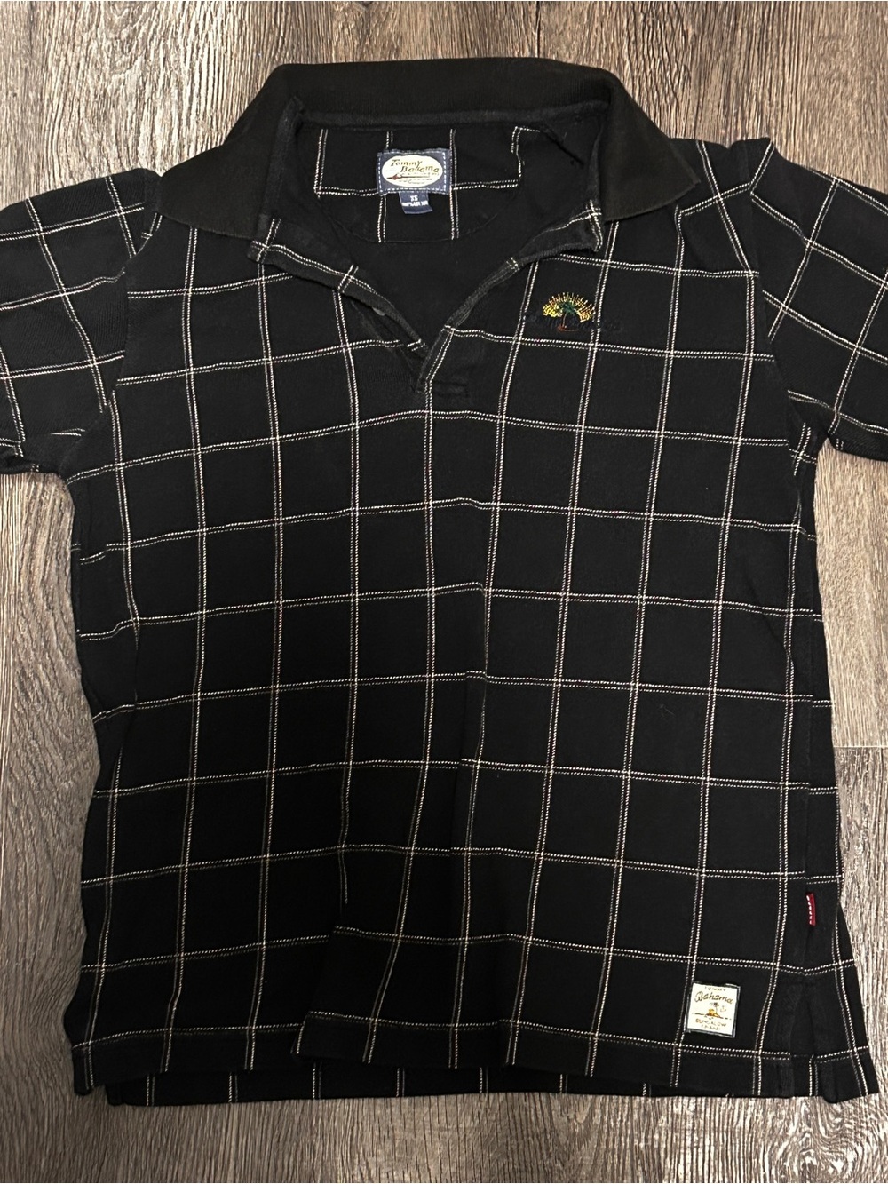 Black Grid Polo Shirt with Embroidered Detail